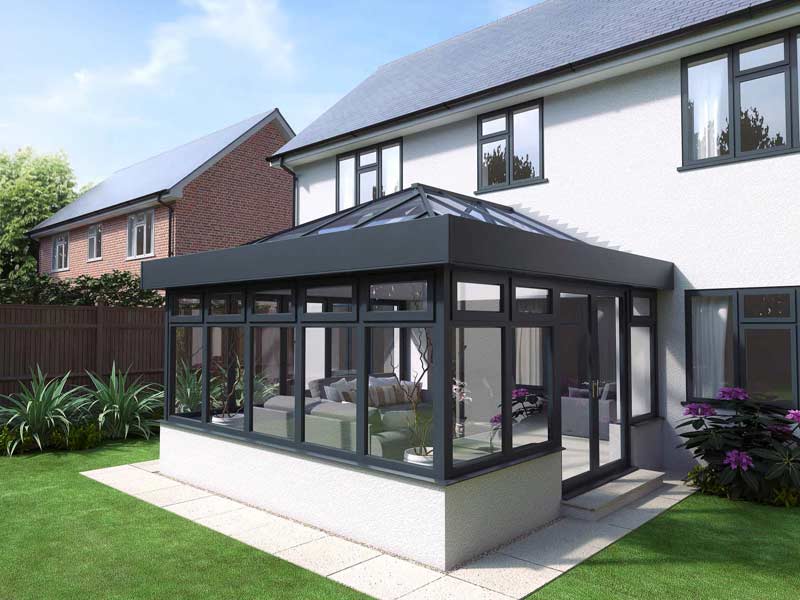 Modern anthracite grey orangery with glass lantern roof